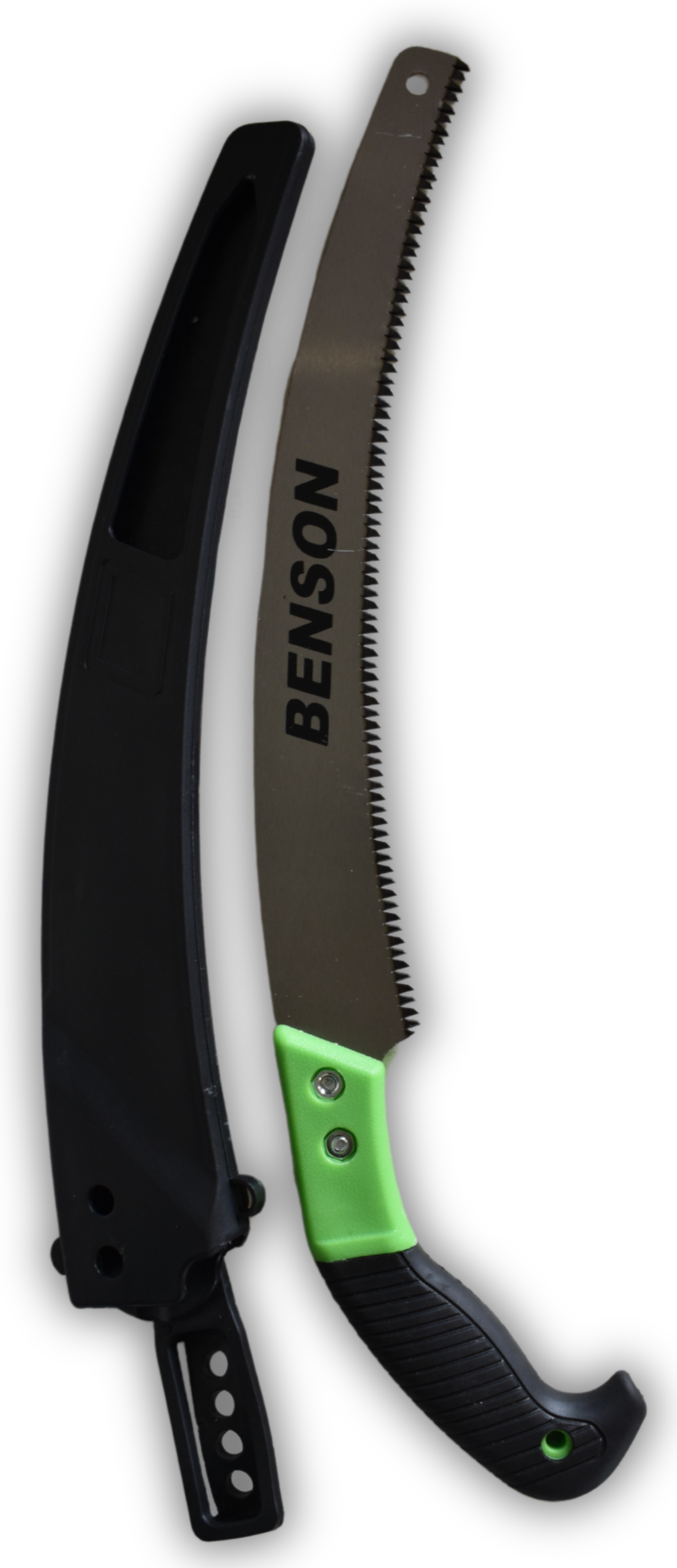 Gebogene Astsäge mit grün-schwarzem Griff und schwarzer Kunststoffscheide von Benson Garden.