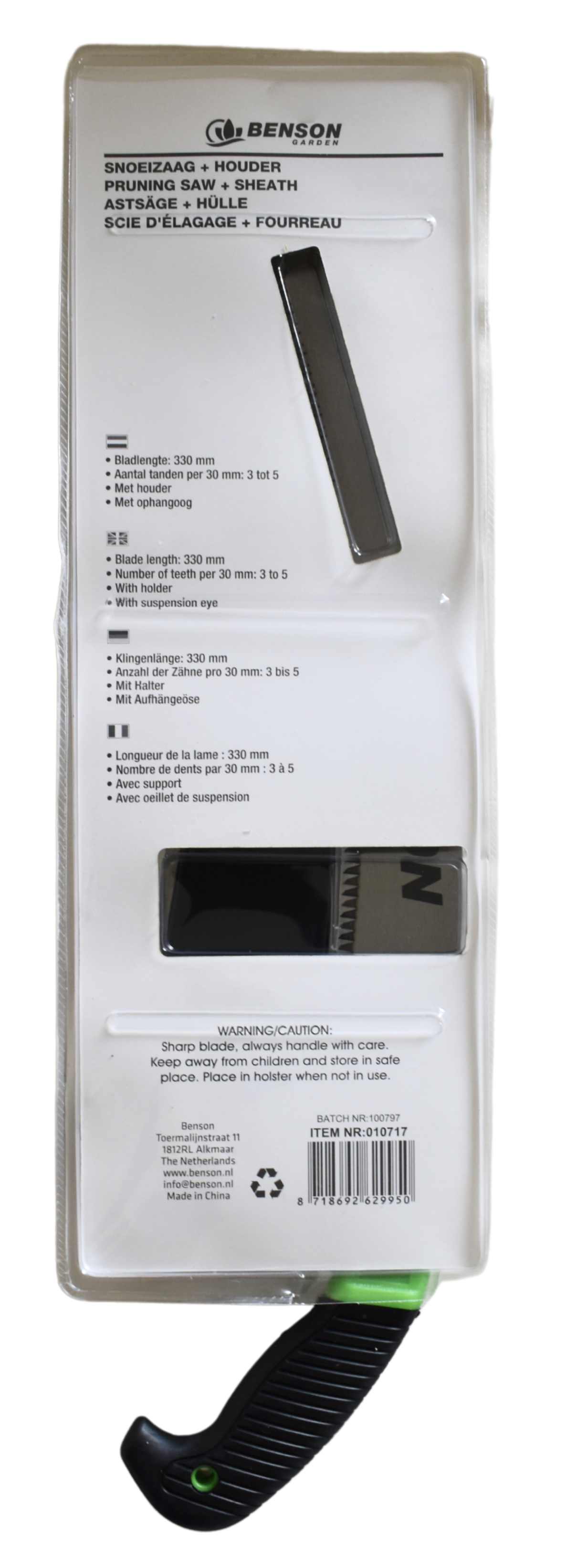 Rückseite der Verpackung einer Astsäge von Benson Garden mit technischen Details in vier Sprachen und Sichtfenster auf die Sägeklinge.
