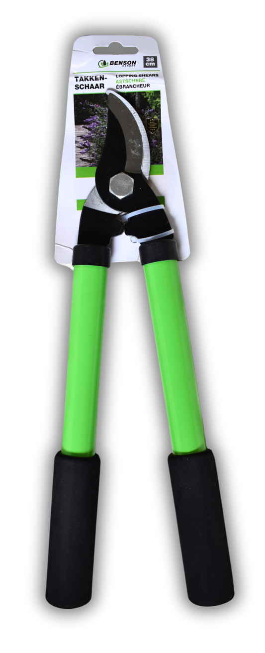Astschere mit grün-schwarzen Griffen mit Produktkarte, beschriftet mit „Takkenschaar“, „Lopping Shears“ und „38 cm“ von Benson Garden.
