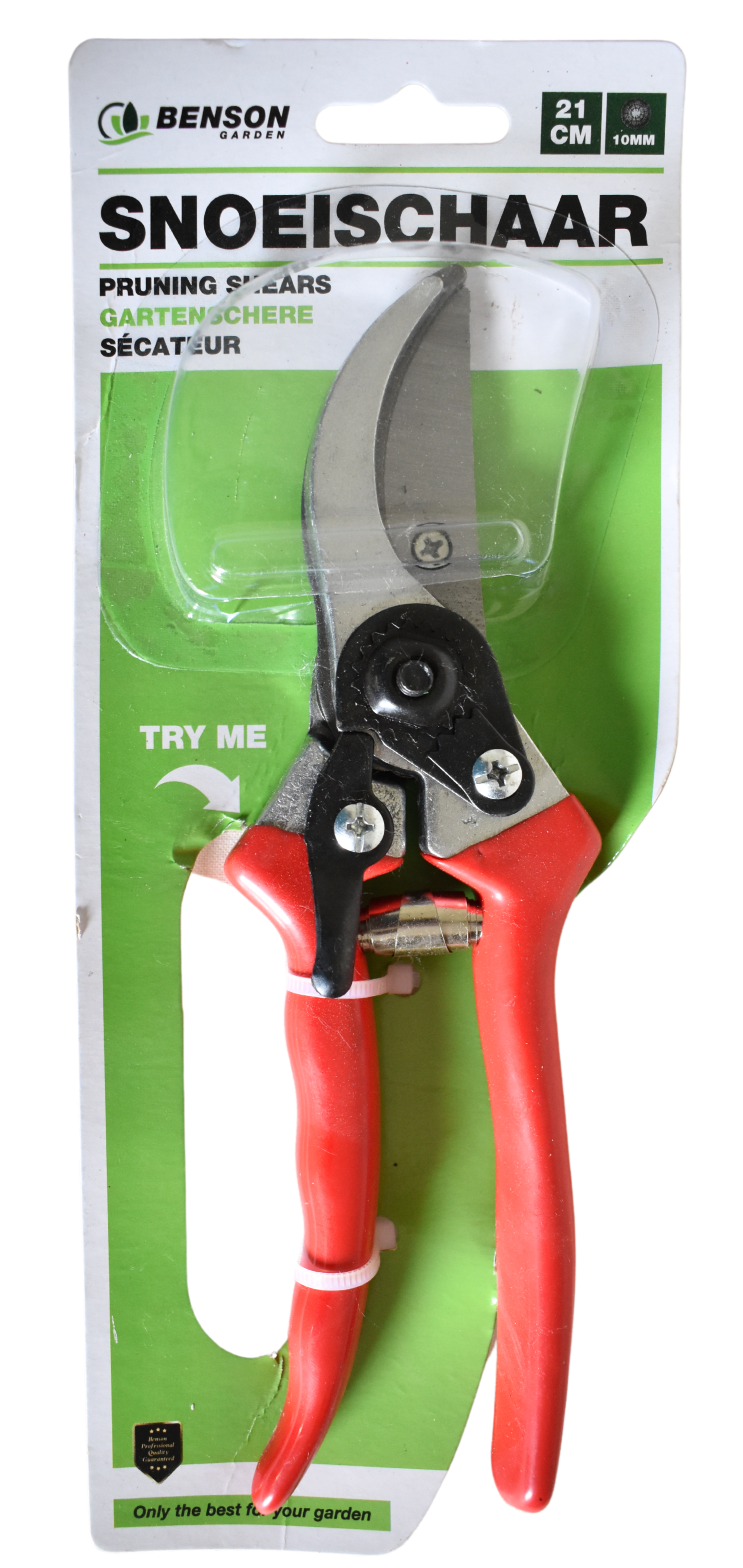 Gartenschere mit roten Griffen in Blisterverpackung, sichtbar auf einer Produktkarte mit Markenlogo und Produktinformationen