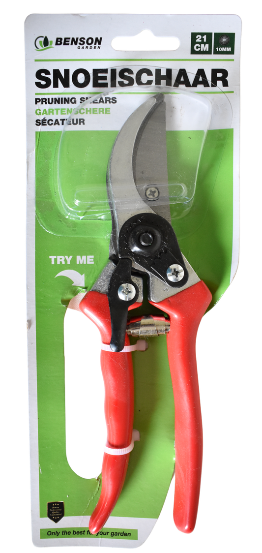 Gartenschere mit roten Griffen in Blisterverpackung, sichtbar auf einer Produktkarte mit Markenlogo und Produktinformationen