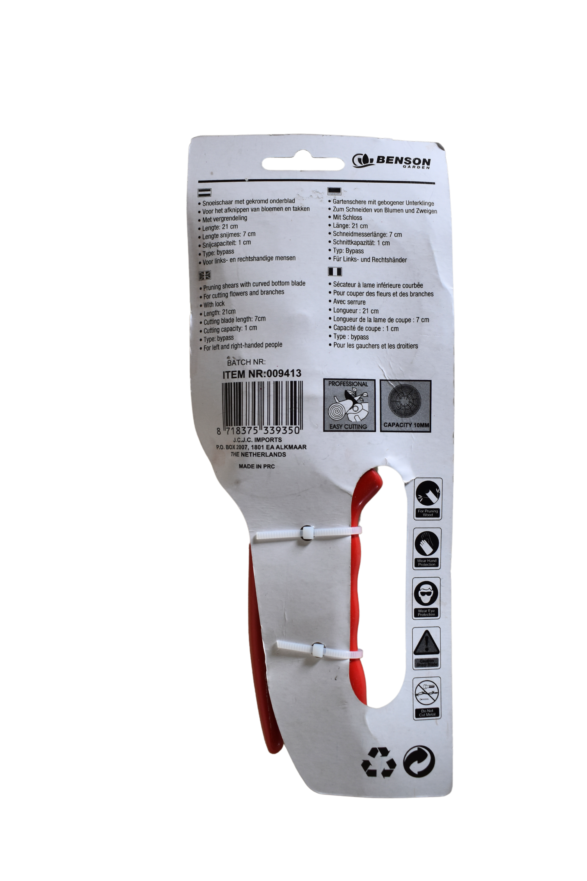 Rückseite der Verpackung einer Gartenschere mit technischen Details in vier Sprachen.
