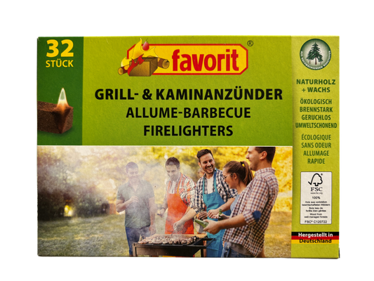 Favorit Grill- und Kaminanzünder, 32 Stück, umweltfreundlich, mit FSC-Siegel und dem Vermerk 'Hergestellt in Deutschland', zeigt Menschen beim Grillen.