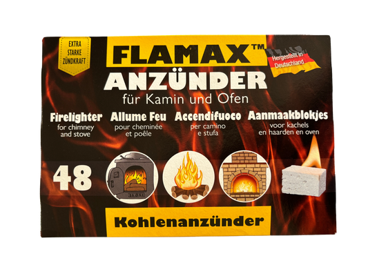 Gelb-schwarze Packung FLAMAX Kohlenanzünder, zeigt Symbole für Ofen, offenes Feuer und Kamin.48 Stück, mit Hinweis auf 'Extra Starke Zündkraft' und 'Hergestellt in Deutschland'".