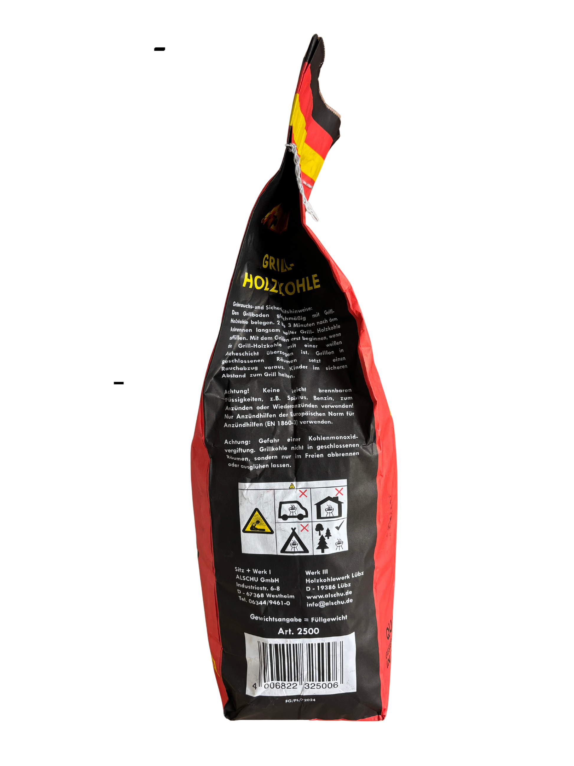 Seitenansicht der Favorit Grill Holzkohle 2,5 kg Packung mit Herstellerinformationen auf Deutsch, zeigt Warnsymbole und Sicherheitshinweise für den sicheren Gebrauch.
