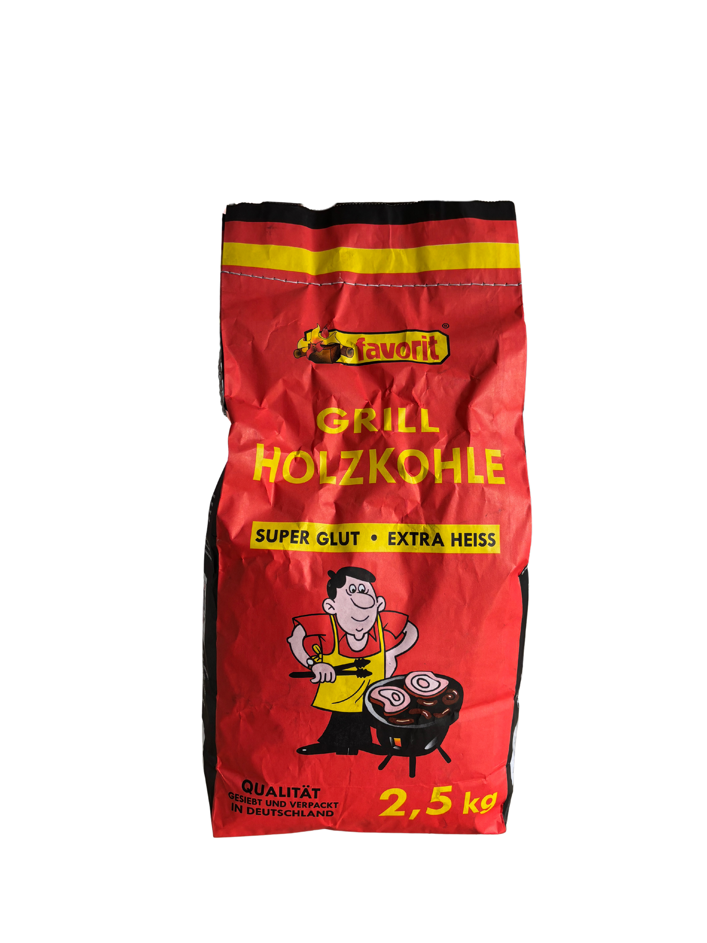 Produktbild der Favorit Grill Holzkohle (2,5 kg). Der rote Beutel mit gelben Streifen zeigt einen lachenden Griller am Holzkohlegrill. Beschriftung: 'Super Glut • Extra Heiss' und 'Qualität gesiebt und verpackt in Deutschland'.