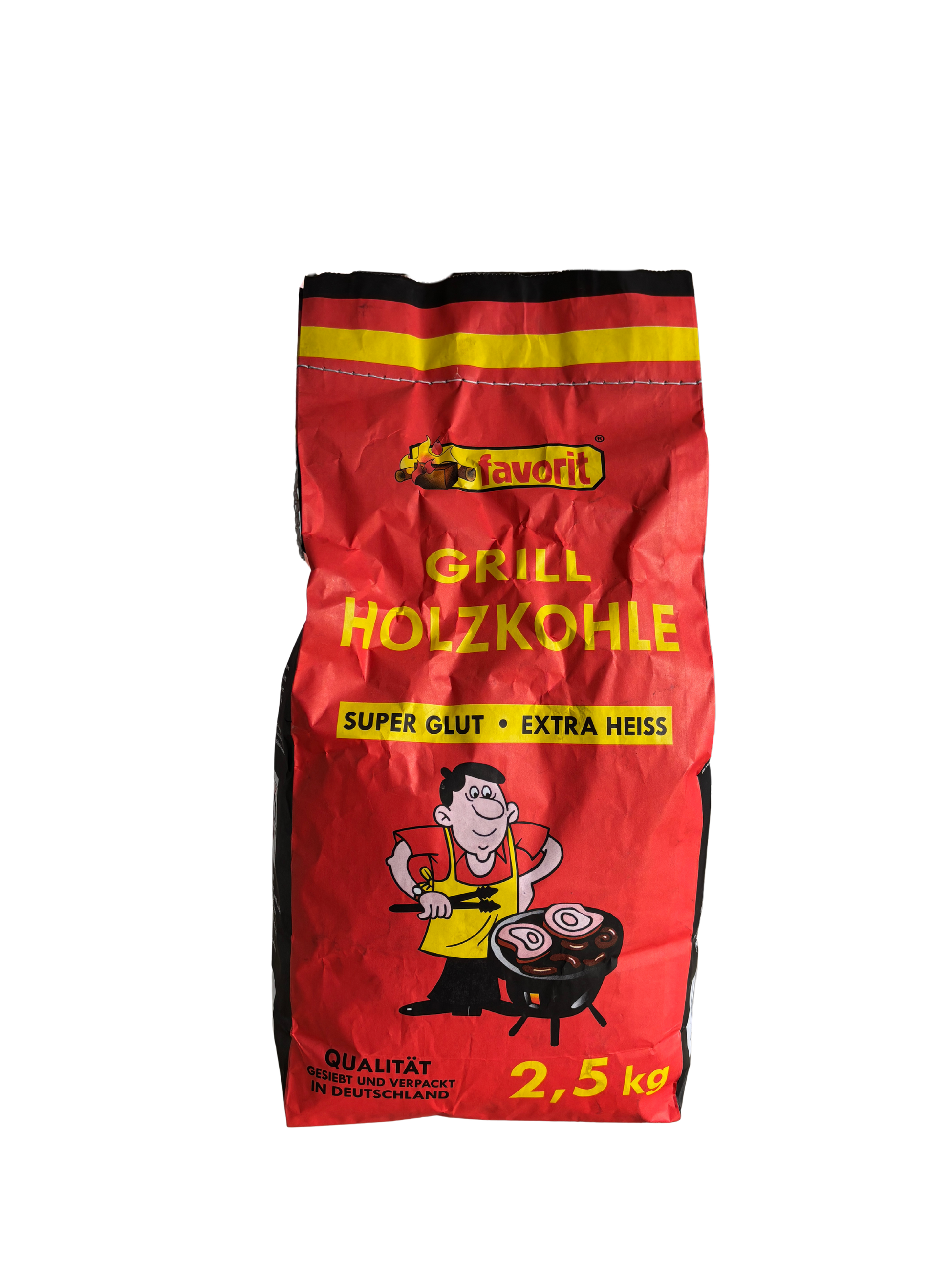 Produktbild der Favorit Grill Holzkohle (2,5 kg). Der rote Beutel mit gelben Streifen zeigt einen lachenden Griller am Holzkohlegrill. Beschriftung: 'Super Glut • Extra Heiss' und 'Qualität gesiebt und verpackt in Deutschland'.