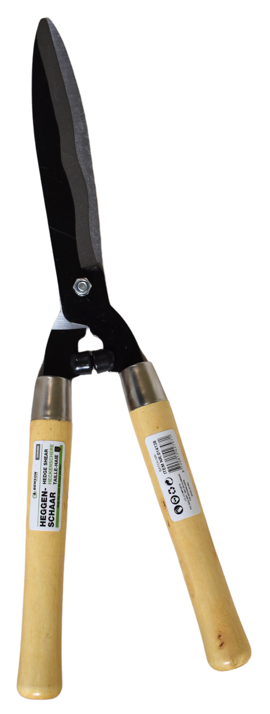 Eine große Heckenschere mit schwarzen Klingen und langen Holzgriffen, dargestellt mit geschlossenen Klingen.