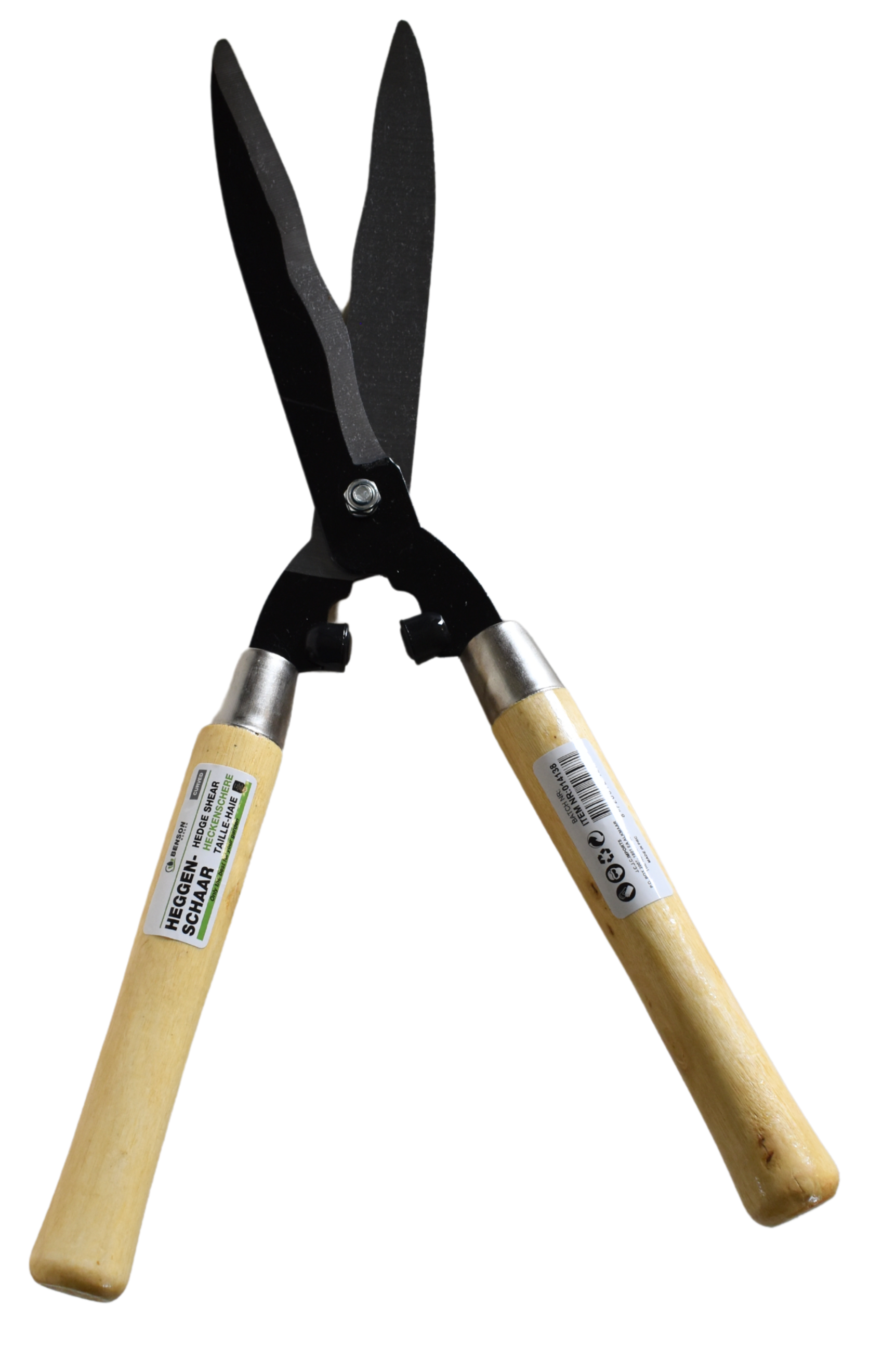 Eine große Heckenschere mit schwarzen Klingen und langen Holzgriffen, leicht geöffnet dargestellt.