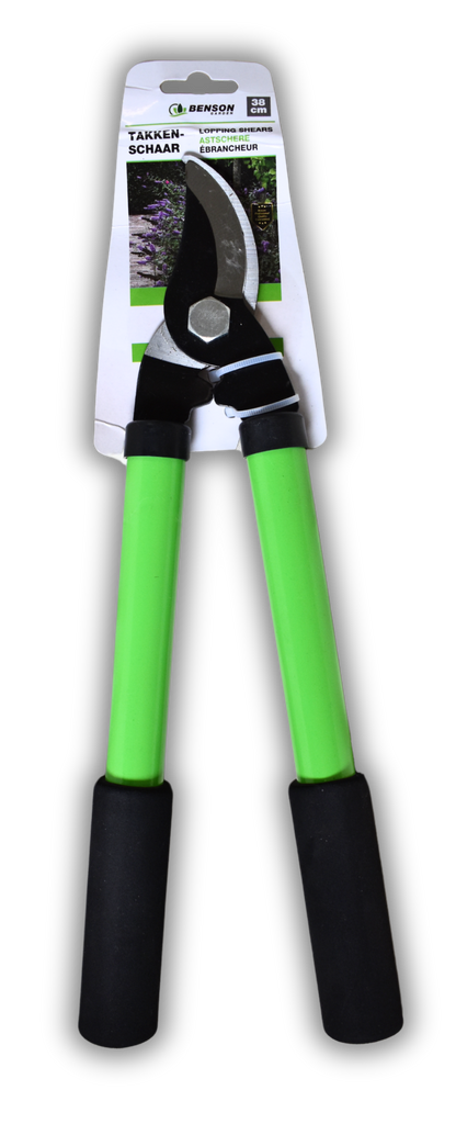 Astschere mit grün-schwarzen Griffen mit Produktkarte, beschriftet mit „Takkenschaar“, „Lopping Shears“ und „38 cm“ von Benson Garden.