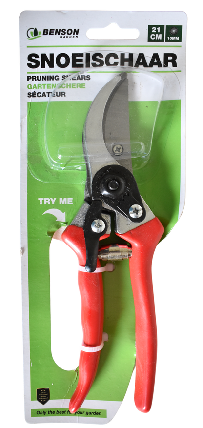 Gartenschere mit roten Griffen in Blisterverpackung, sichtbar auf einer Produktkarte mit Markenlogo und Produktinformationen