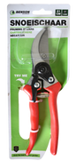 Gartenschere mit roten Griffen in Blisterverpackung, sichtbar auf einer Produktkarte mit Markenlogo und Produktinformationen