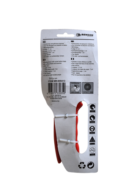 Rückseite der Verpackung einer Gartenschere mit technischen Details in vier Sprachen.