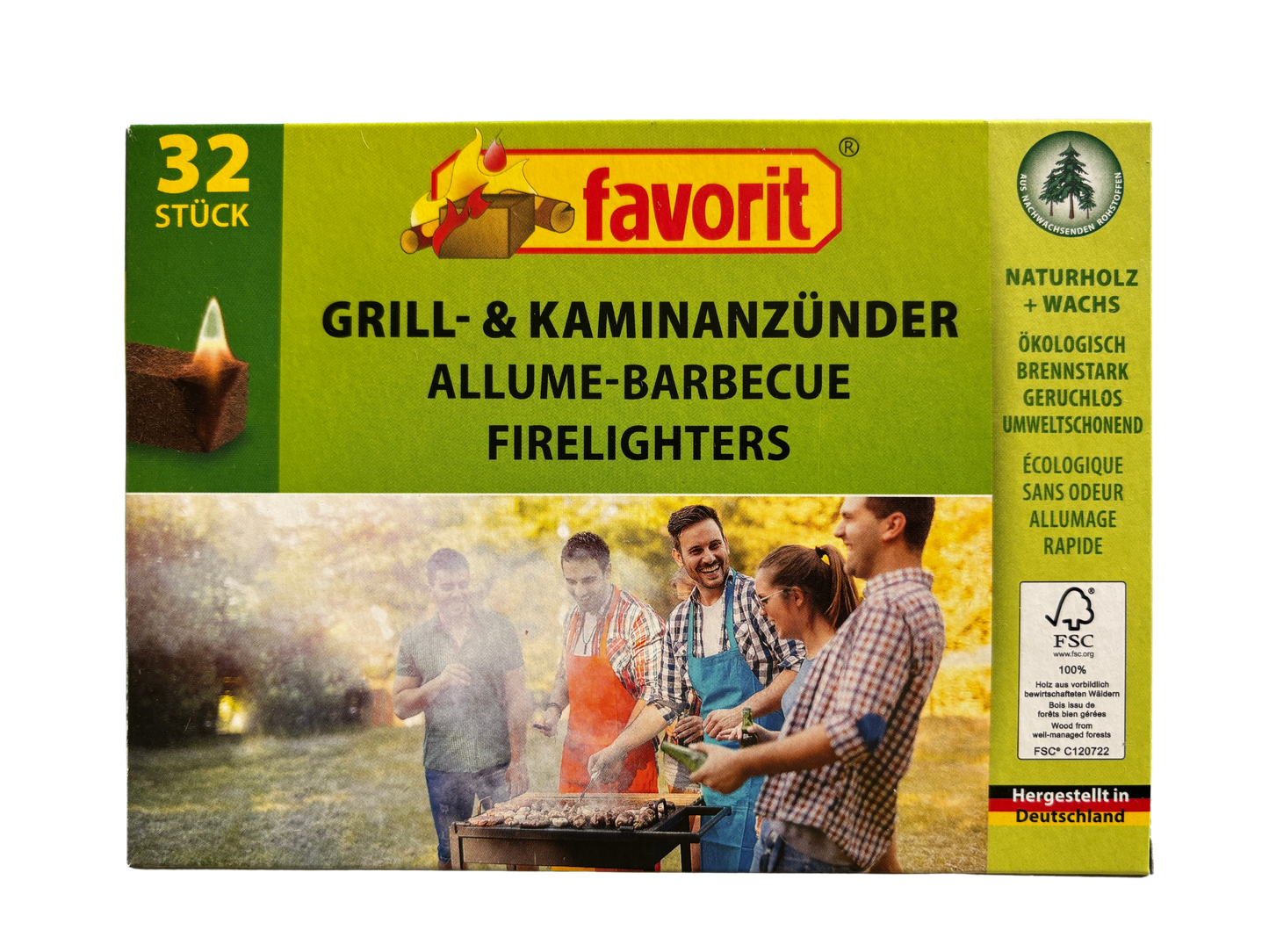 Favorit Grill- und Kaminanzünder, 32 Stück, umweltfreundlich, mit FSC-Siegel und dem Vermerk 'Hergestellt in Deutschland', zeigt Menschen beim Grillen.