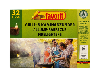 Favorit Grill- und Kaminanzünder, 32 Stück, umweltfreundlich, mit FSC-Siegel und dem Vermerk 'Hergestellt in Deutschland', zeigt Menschen beim Grillen.