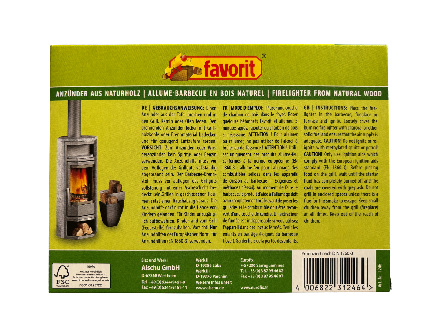 Rückseite der Favorit Grill- & Kaminanzünder Packung mit Gebrauchsanweisungen in Deutsch, Französisch und Englisch, sowie Herstellerinformationen und Sicherheitshinweisen.