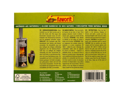 Rückseite der Favorit Grill- & Kaminanzünder Packung mit Gebrauchsanweisungen in Deutsch, Französisch und Englisch, sowie Herstellerinformationen und Sicherheitshinweisen.