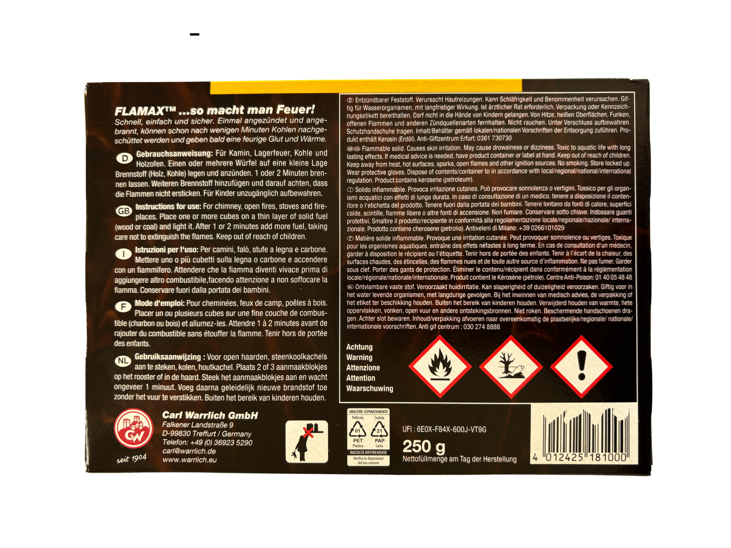 Rückseite der FLAMAX Anzünder Verpackung mit mehrsprachigen Gebrauchsanweisungen und wichtigen Sicherheitshinweisen.