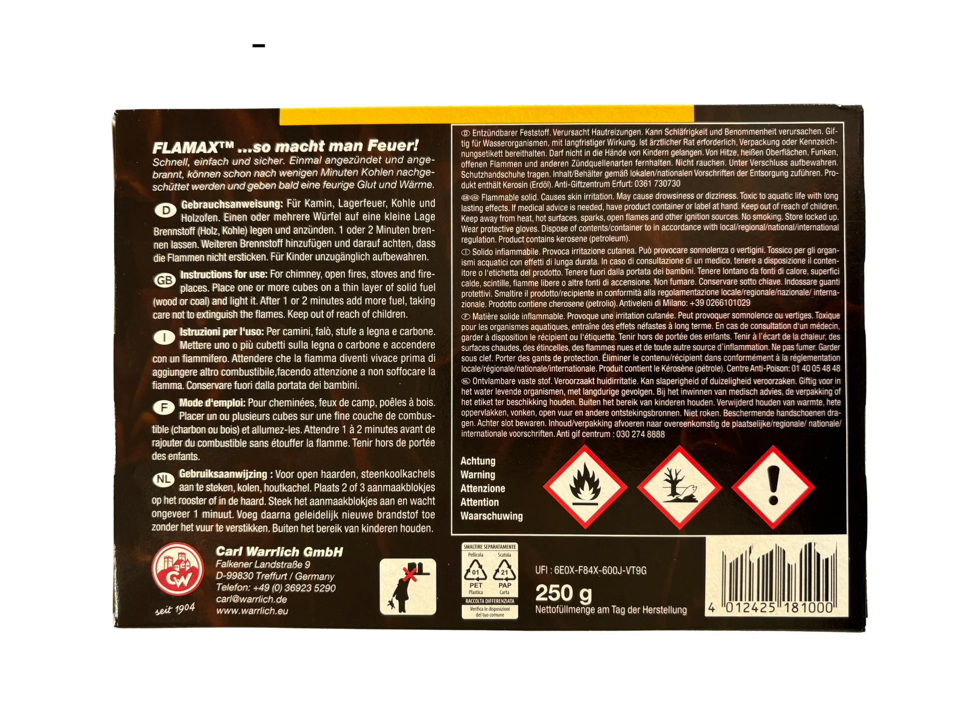 Rückseite der FLAMAX Anzünder Verpackung mit mehrsprachigen Gebrauchsanweisungen und wichtigen Sicherheitshinweisen.