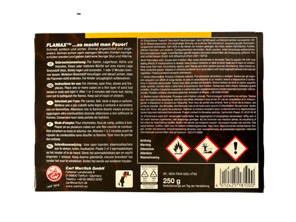 Rückseite der FLAMAX Anzünder Verpackung mit mehrsprachigen Gebrauchsanweisungen und wichtigen Sicherheitshinweisen.